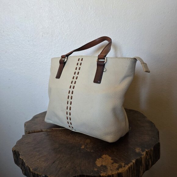 Fossil Pebbled Leather Tote Bag Cream Tan Zip Top Purse - Picture 10 of 16